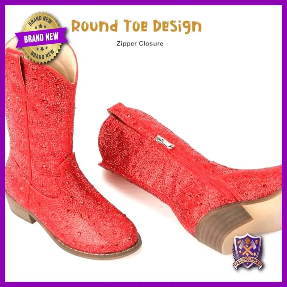 Rhinestone Sparkly Cowgirl Boots Mid Calf Round Toe Western Riding Boots